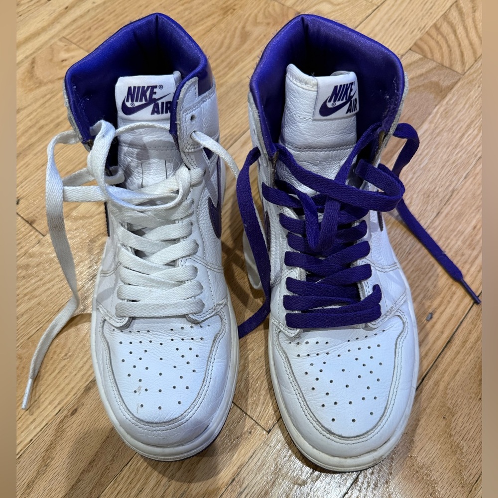 Nike Air Jordan 1 Sz 6.5 High Court Purple and White Leather Court Sneakers